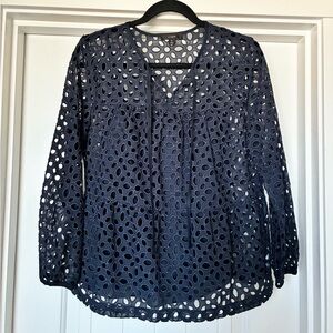 J. Crew Navy Eyelet Tie-Front Blouse